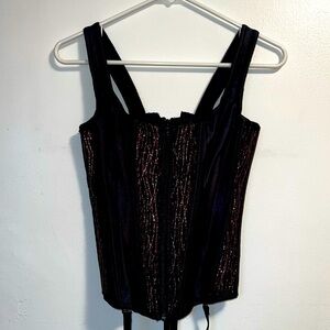 NWOT. Red, pink, and black sparkly tie up back and zipper front corset